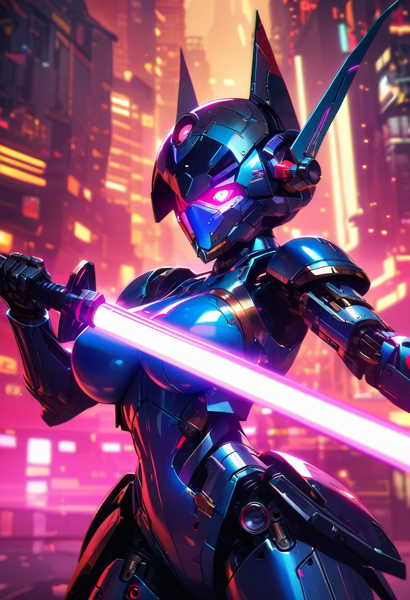 Mechanical girl,　metallic shiny skin,　Mechanical and metallic parts of the body,Metallic cybernetic helmet with mechanical ears,very big tits，eerie glowing red eyes, 　A devilish metallic body，[methodical, Surgical precision],　cyberpunk style background,Science fiction art style,shiny colors,high resolution,super verbose,Realistic lighting effects,bokeh，Hold a red-bladed lightsaber,　In combat,　Top Shot