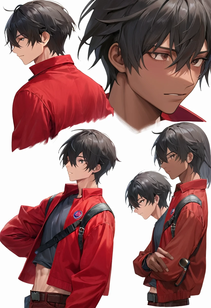 (((Masterpiece))), best quality, cowboy shot, perfect anatomy, (detailed face), ((realistic faces)), realistic anatomy, painterly)) 1boy, (((shota))), solo, dark skin, black hair, fanny pack, red jacket, three quarter view, simple background, white background