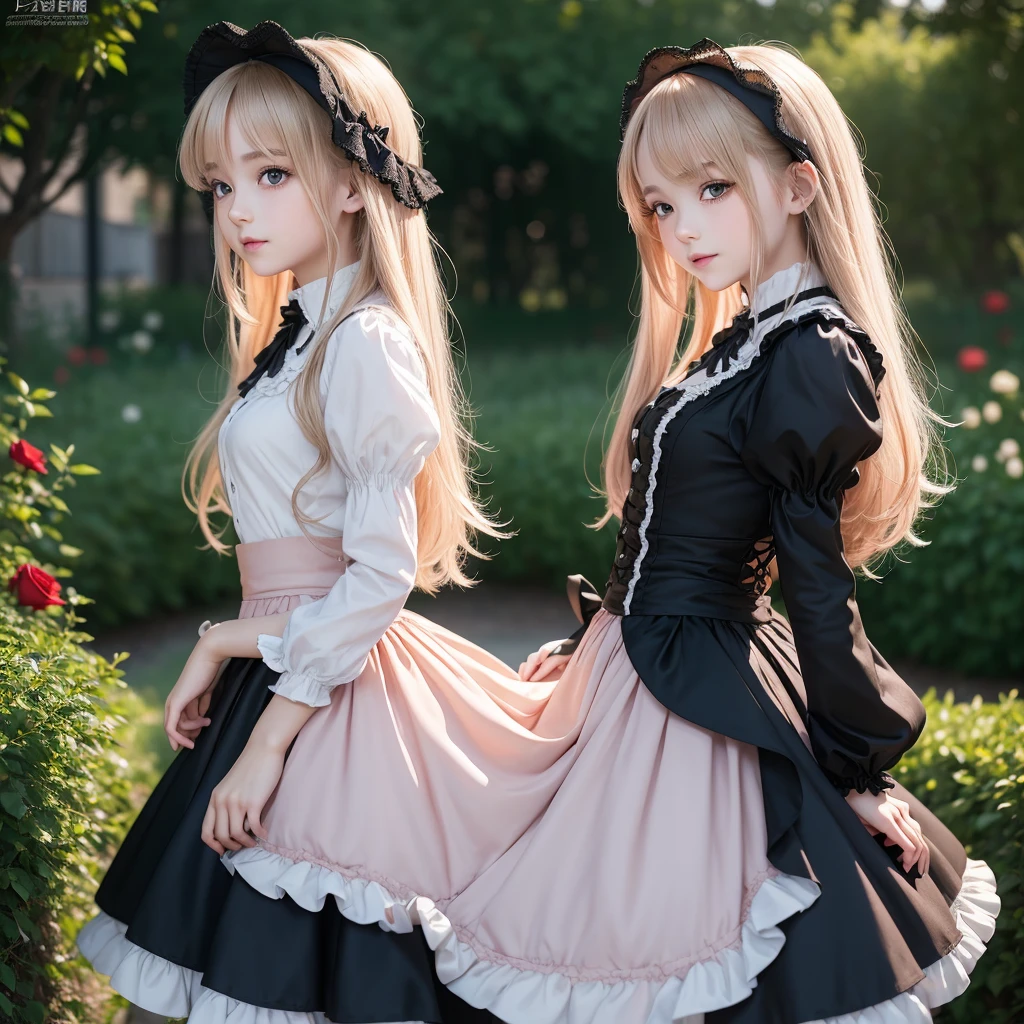 ((Masterpiece)), (Anime:1.5), ((best quality)), (RAW photo: 1.2), (Professional Photography:1.2), 8K, from side, wide shot, (), ((1girl)), Textured skin, cinematic lighting, 1 girl, ((Beautiful Gothic Lolita)), cute innocent young girl, ((hair over one eye)), Slender and small breasts, (long silky blond hair), (gothic lolita makeup), beautiful hair, sad smile, delicate eyes, caring and charming beauty, (blush), Light particles, ((Lift the skirt with hand)), in beautiful Fantastic garden, (red roses garden),,