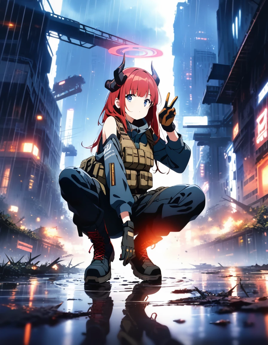 face_focus,looking at viewer,solo,long hair,halo,blue eyes,gloves,bangs,bare shoulders,amazing composition,beautiful,incredible lighting,horns,long red hair,morose facial expression,raw photo,squatting,head up, tactical gear, bulletproof vest, black tactical boots, tactical gloves, backless overalls,farm,rain,puddle,double exposure,cyberpunk,tactical gear,(exosuit:0.4),(cyborg woman:0.4),futuristic,wearing boots,incredibly absurdres,artbook,Cinematic Lighting,complex background,detailed cyberpunk background,v,arm_up,