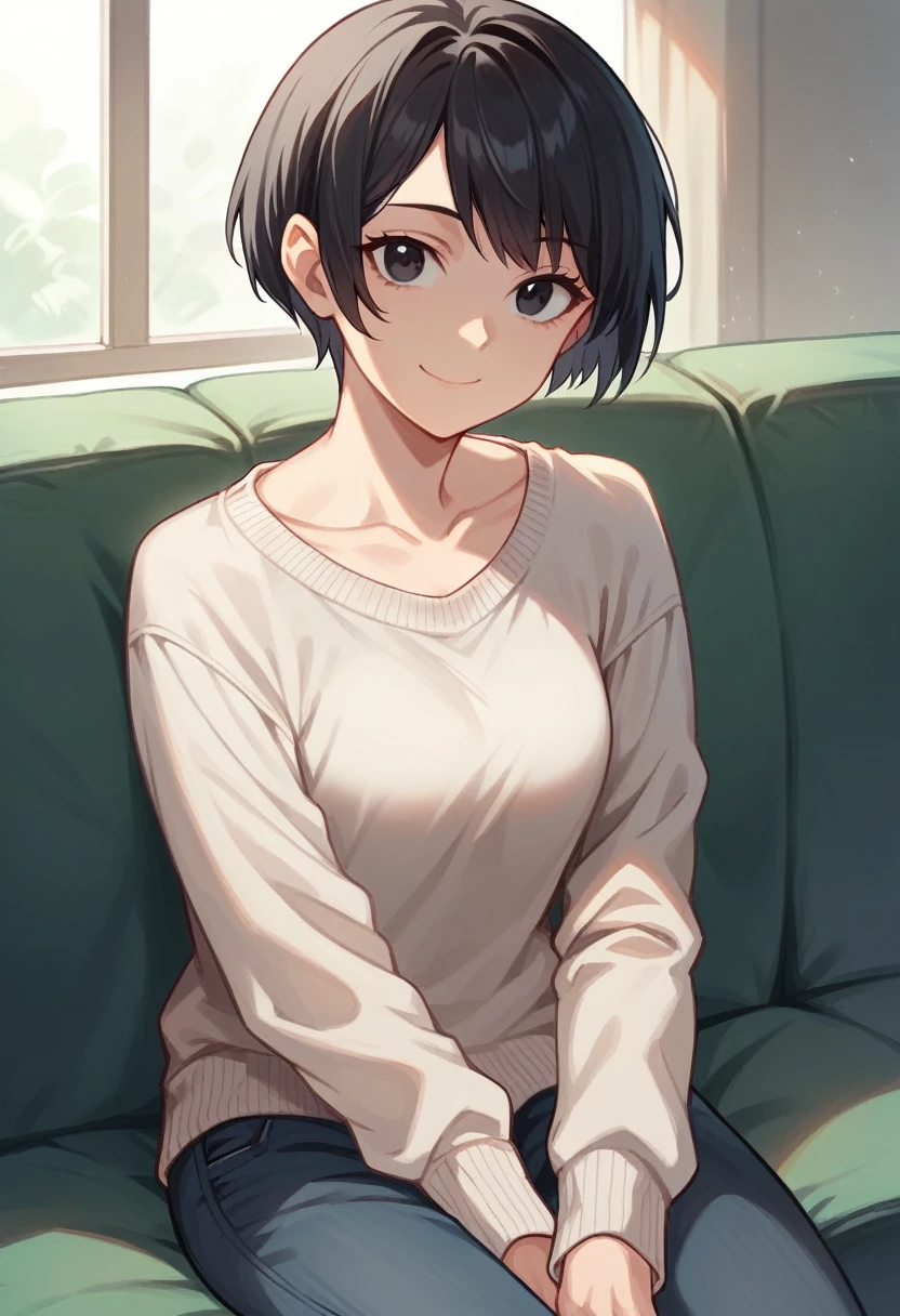 1girl, Accurate describe shapes, collarbone, straight hair, short hair, black hair, black eyes, sweater, pants, solo, close-up, solo, sitting, sofa, indoors, looking at viewer, smile