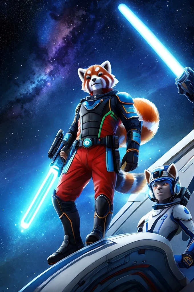 red panda, astronaute, Realist, male, duo, elf warriors, futuristic clothing, 2050, space suite, lightsaber, black top, eyes open, Star background