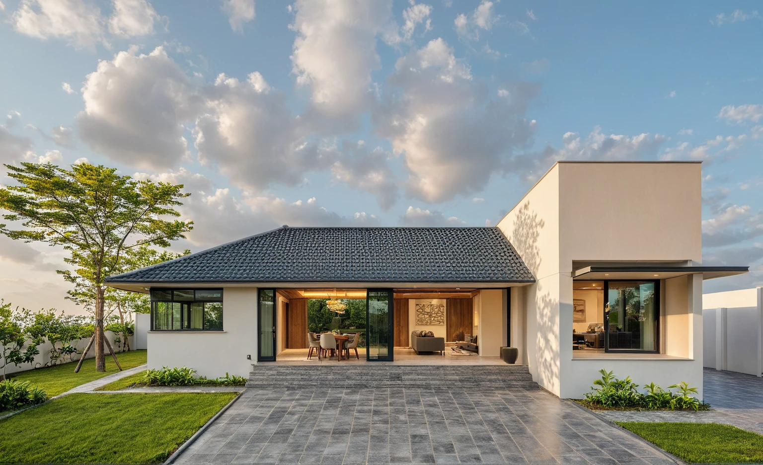 Raw photo,Masterpiece, high quality, best quality, authentic, super detail,
exterior, outdoors, house, Nhamainhat, aiaigroup on the tropical garden, minimalist line,onestoreyvilla, modern style, gray tile roof
brick yard,grass,tropical trees, sky, (day:1.1),Tropical garden background