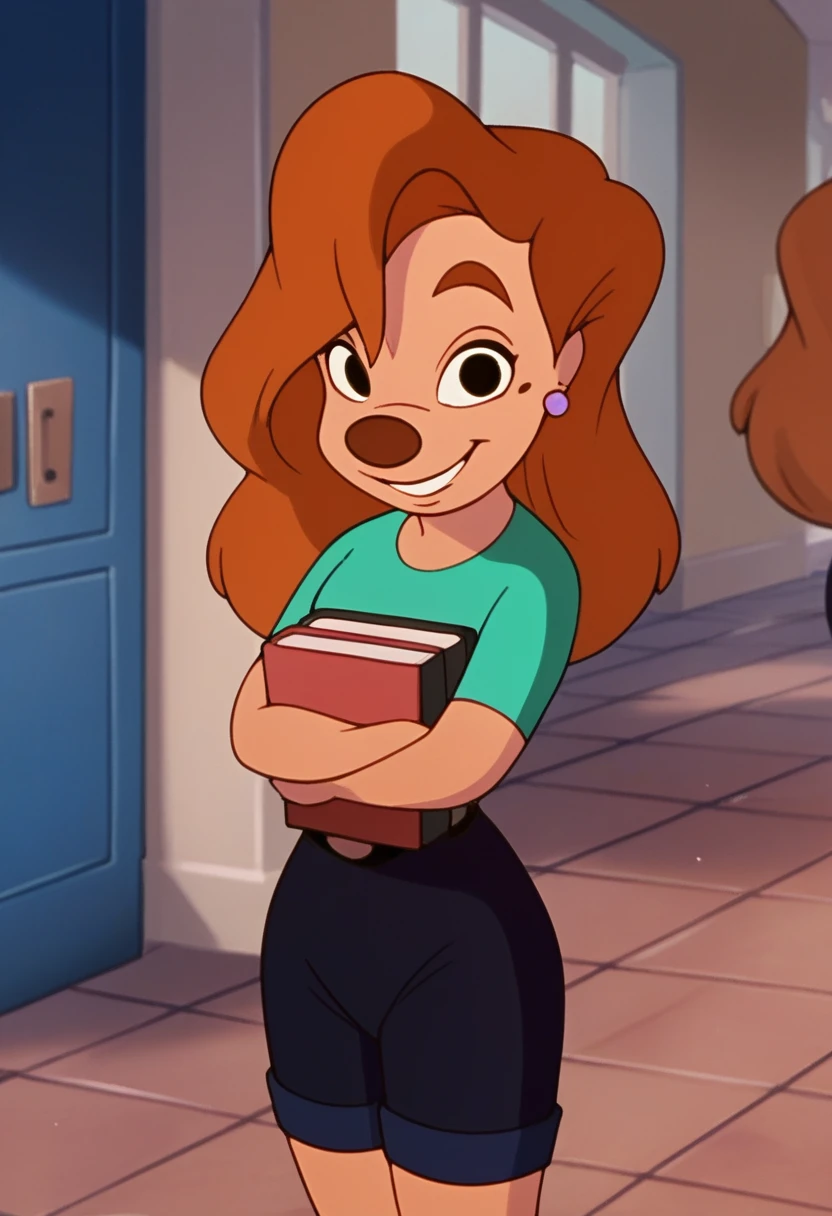 Roxanne, 1girl, solo, brown hair, holding, long hair, earrings, book, green shirt, holding book, black eyes,crossed arms,  smile, indoors, short sleeves, tile floor, shorts, furry female,score_9, score_8_up, score_7_up, score_6_up, score_5_up, score_4_up, looking at viewer, smile, cowboy shot,