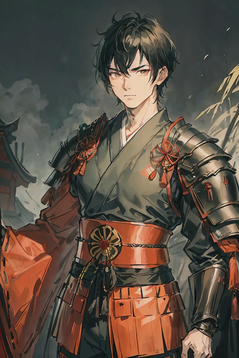 sparrow, a blackhairedhightlightgreen men, wearing a red samurai armor, short hair, fasion hair, samurai armor, slim body, shirt ornament, hakama, men, handsome face, tall 187cm, 21yearold, samurai, male