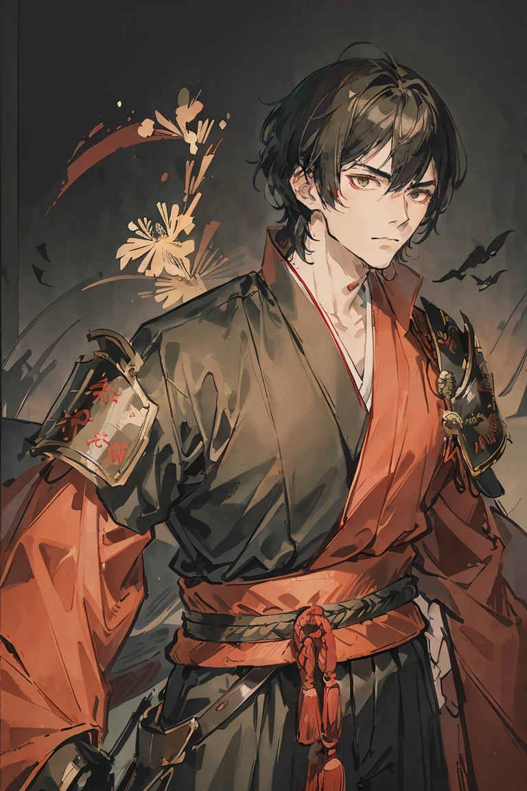 sparrow, a blackhairedhightlightgreen men, wearing a red samurai armor, short hair, fasion hair, samurai armor, slim body, shirt ornament, hakama, men, handsome face, tall 187cm, 21yearold, samurai, male