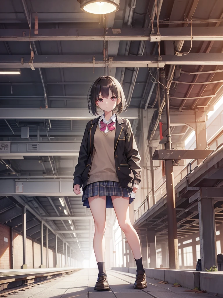 masutepiece, Best Quality, High resolution, Extremely detailed, Detailed background, Cinematic lighting, 1girl in, Looking at Viewer, Wear a plaid shirt, microminiskirt, Pleated skirt, standing, Full body, Sunlight, Waiting train, train station, Stand on the platform , City Girl
