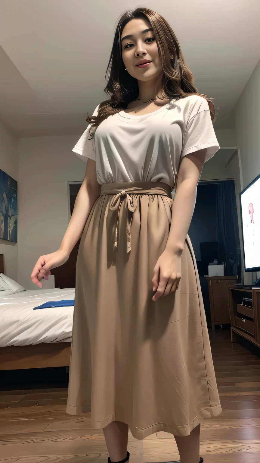 One Japanese woman, Housewife in her 30s、A full-body photo from head to toe、Walking towards here, Detailed face, Captivating smile, Detailed eyes, Thick chest, Smooth Skin, Light brown hair、Wavy long hair、Tight white T-shirt, Long skirt in maxi length, Wearing high heels、Looking at the audience, Low angle shot,(8k, RAW Photos, Highest quality, masterpiece: 1.2), (Realistic, Realistic: 1.37), Ultra-high resolution