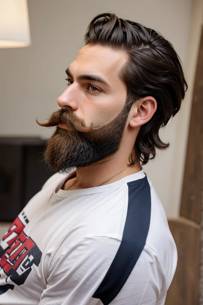 Boy with upcoming
beard and moustache and side part of the hair has slope and mid part of the hair is 0 trimmed