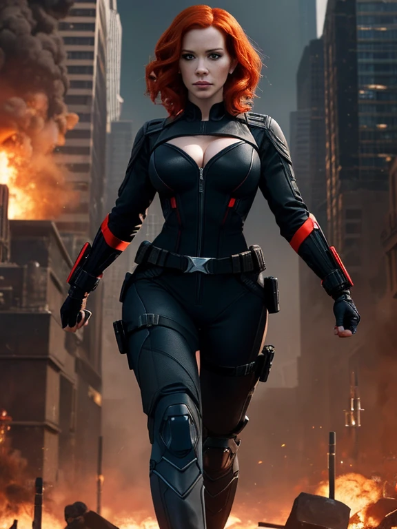 Create a dynamic 4K resolution full body portrait of Christina Hendricks as the character of Black Widow, the fierce Marvel superheroine. Visualize Christina Hendricks as Black Widow with her striking features: her short orange wavy hair. Her bright blue eyes, sharp and focused, should reflect her unwavering determination and strategic mind. She is 48 years old. Include Christina's sculpted cheekbones and slight wrinkles around the face. High-quality facial research of Christina Hendricks. Include Christina Hendricks large breasts. High-quality detailed research of Christina Hendricks voluptuous figure. Dress Christina Hendricks in the iconic Black Widow black tactical suit, with a huge bust the suit, featuring intricate details such as reinforced armor, gun holsters, utility belts, boots and the red hourglass symbol on her belt. The suit is so tight that Christina Hendricks breasts barely fit in it. The suit should appear sleek and functional, emphasizing her agility and combat prowess. Set the scene against the backdrop of a high-tech, futuristic environment, perhaps a S.H.I.E.L.D. headquarters or a cityscape at dusk, with neon lights casting dramatic shadows. Include elements such as holographic displays or glimpses of advanced technology to enhance the modern, action-packed atmosphere. The color palette should be dark and intense, with shades of black and deep reds, contrasted by the cool blues and silvers of the high-tech background, highlighting Black Widow's stealthy and formidable presence. Black Widow's expression should convey a blend of determination, focus, and a hint of vulnerability, capturing her complex character. Her gaze should be piercing and resolute, embodying her role as a master spy and a skilled combatant. This portrait aims to portray Christina Hendricks playing the role as the fictional character of Natasha Romanoff/Black Widow, capturing her iconic features and the high-stakes, action-packed world she inhabits in the Marvel universe
