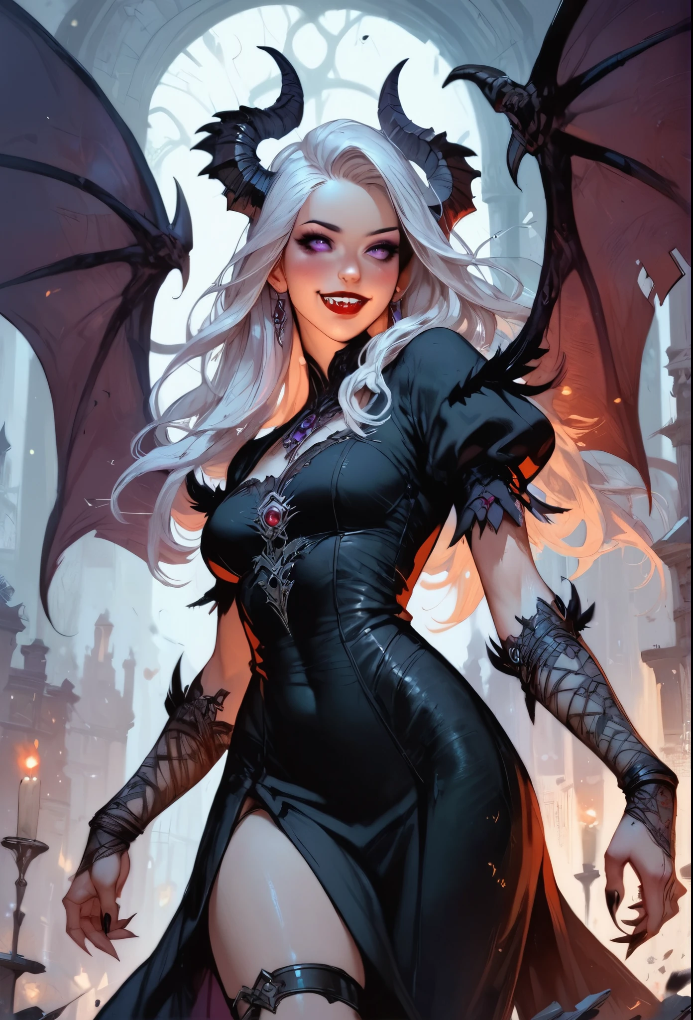 score_9, score_8_up, score_7_up, score_6_up, score_5_up, score_4_up,1girl, vampire, dark dress, thigh strap, red lips, blush, smile, white long hair, purple eyes,fantasy,solo focus,epic,black horns, black wings, bat wings, purple eyes, human ears,