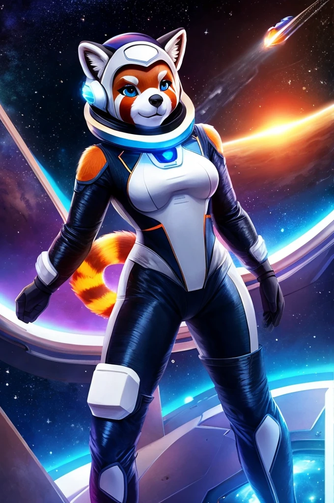 Red panda, astronaute, realiste, mâle, vêtements futuriste, 2050, space suite, sabre laser a la main, haut noir, yeux ouvert, fond étoilé