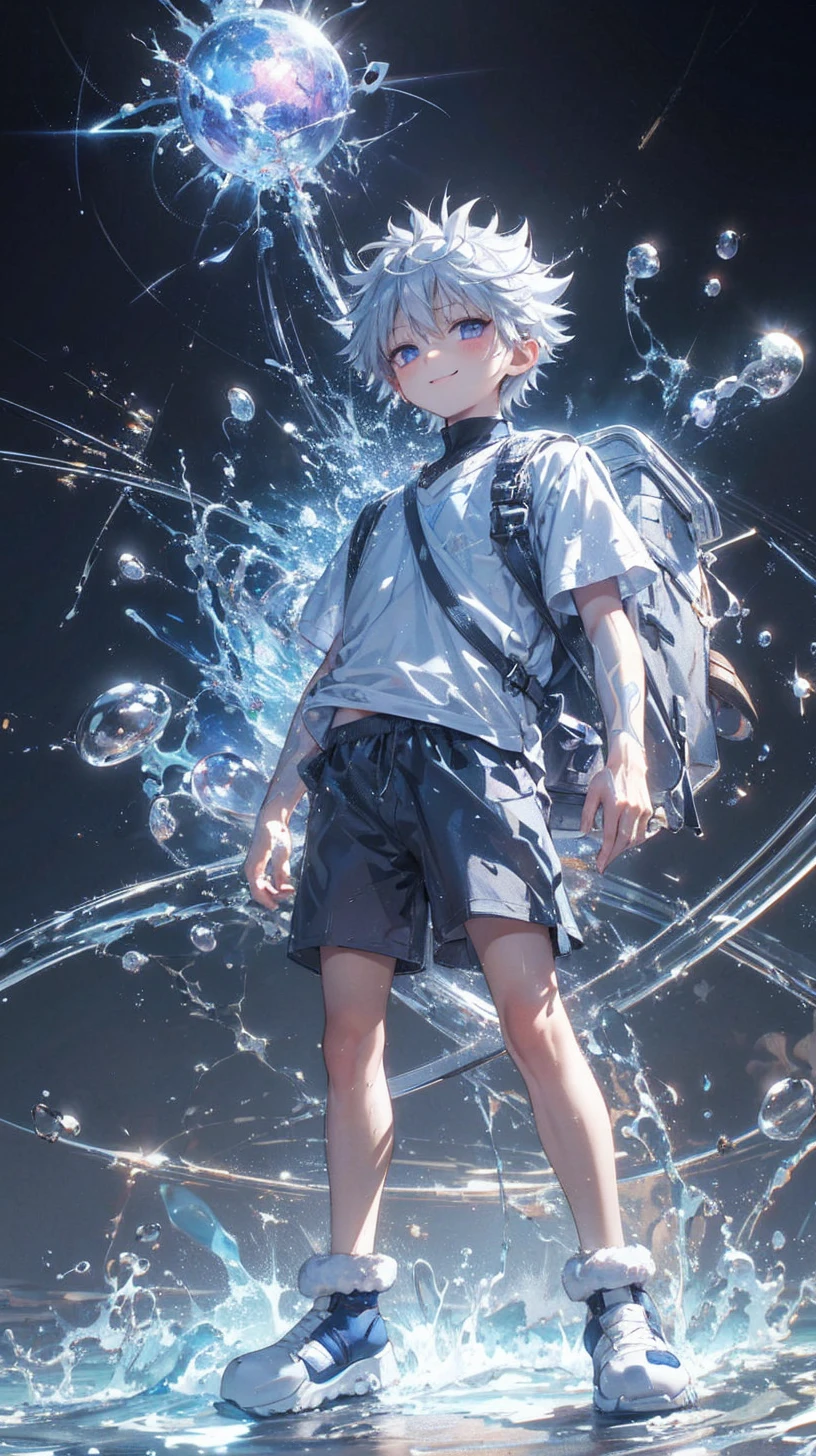 masterpiece, best quality, high resolution, extremely detailed, detailed background, cinematic lighting, 1boy, killua zoldyck, looking at viewer, beach, white t-shirt, boxer shortpants , smile, wearing  backpack, (backpack:1.0), travel backpack, standing, fullbody, day, sunlight