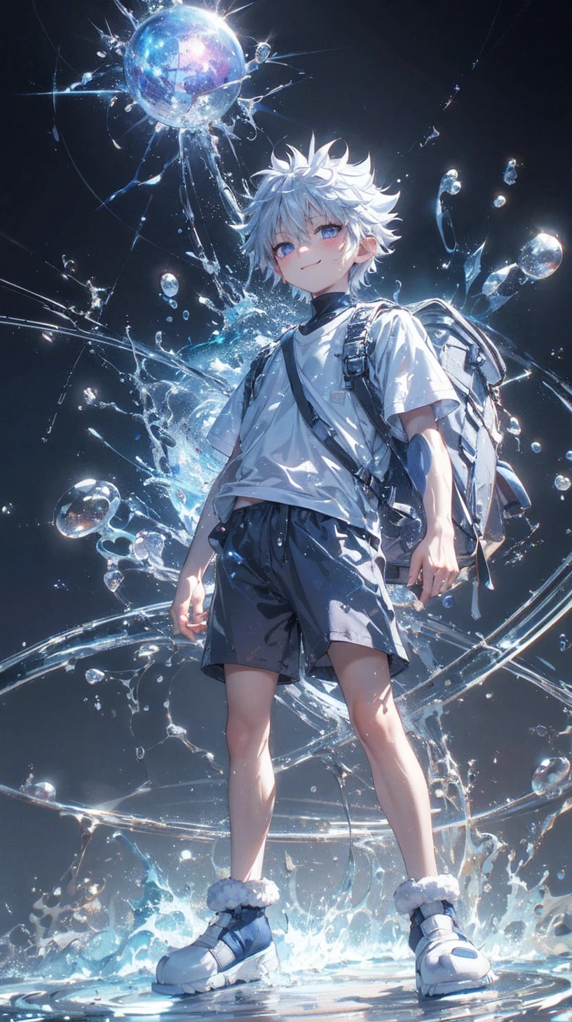 masterpiece, best quality, high resolution, extremely detailed, detailed background, cinematic lighting, 1boy, killua zoldyck, looking at viewer, beach, white t-shirt, boxer shortpants , smile, wearing backpack, (backpack:1.0), travel backpack, standing, fullbody, day, sunlight