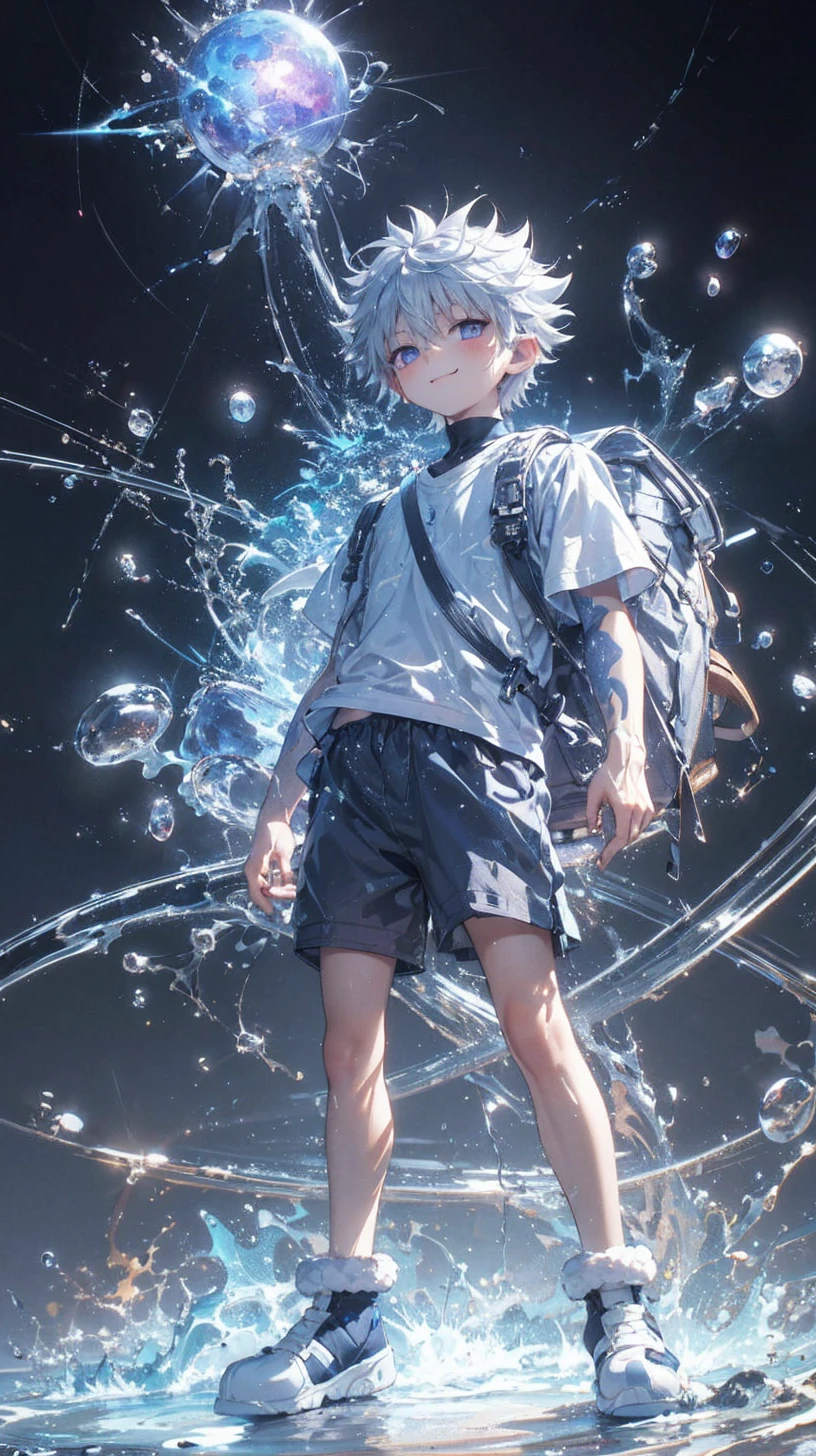 masterpiece, best quality, high resolution, extremely detailed, detailed background, cinematic lighting, 1boy, killua zoldyck, looking at viewer, beach, white t-shirt, boxer shortpants , smile, wearing backpack, (backpack:1.0), travel backpack, standing, fullbody, day, sunlight