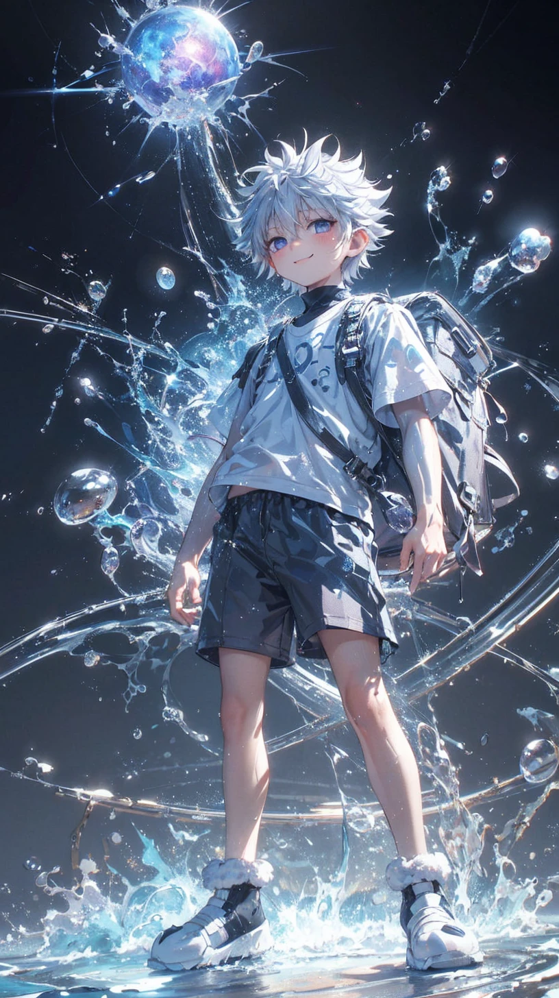 masterpiece, best quality, high resolution, extremely detailed, detailed background, cinematic lighting, 1boy, killua zoldyck, looking at viewer, beach, white t-shirt, boxer shortpants , smile, wearing backpack, (backpack:1.0), travel backpack, standing, fullbody, day, sunlight