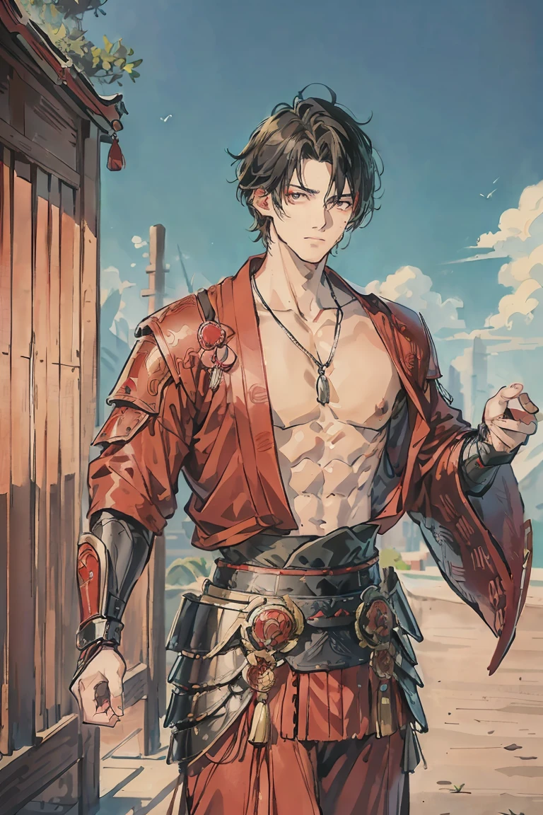 sparrow, a blackhairedhightlightgreen men, wearing a red samurai armor, short hair, fasion hair, samurai armor, slim body, shirt ornament, hakama, men, handsome face, tall 187cm, 21yearold, samurai, male