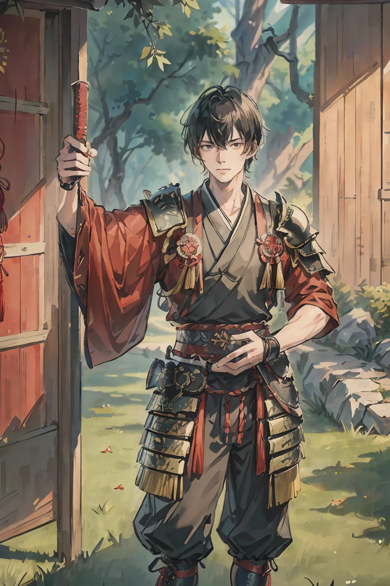 sparrow, a blackhairedhightlightgreen men, wearing a red samurai armor, short hair, fasion hair, samurai armor, slim body, shirt ornament, hakama, men, handsome face, tall 187cm, 21yearold, samurai, male