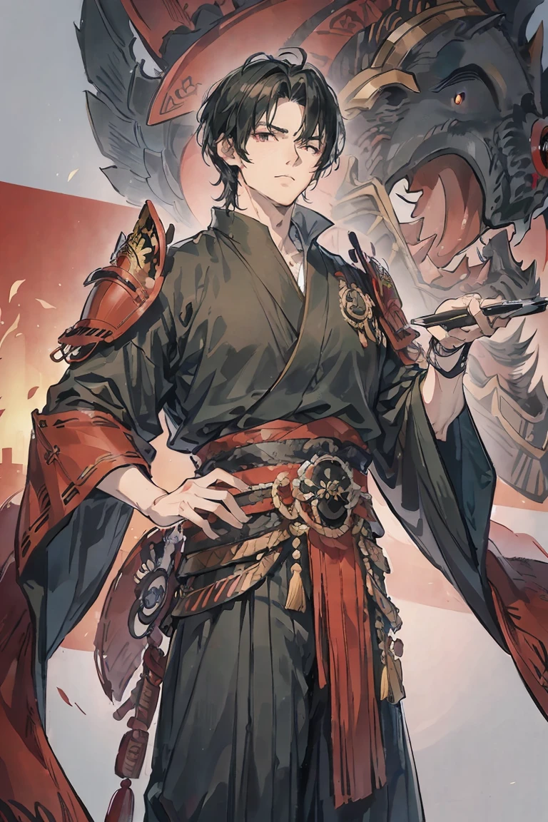 sparrow, a blackhairedhightlightgreen men, wearing a red samurai armor, short hair, fasion hair, samurai armor, slim body, shirt ornament, hakama, men, handsome face, tall 187cm, 21yearold, samurai, male