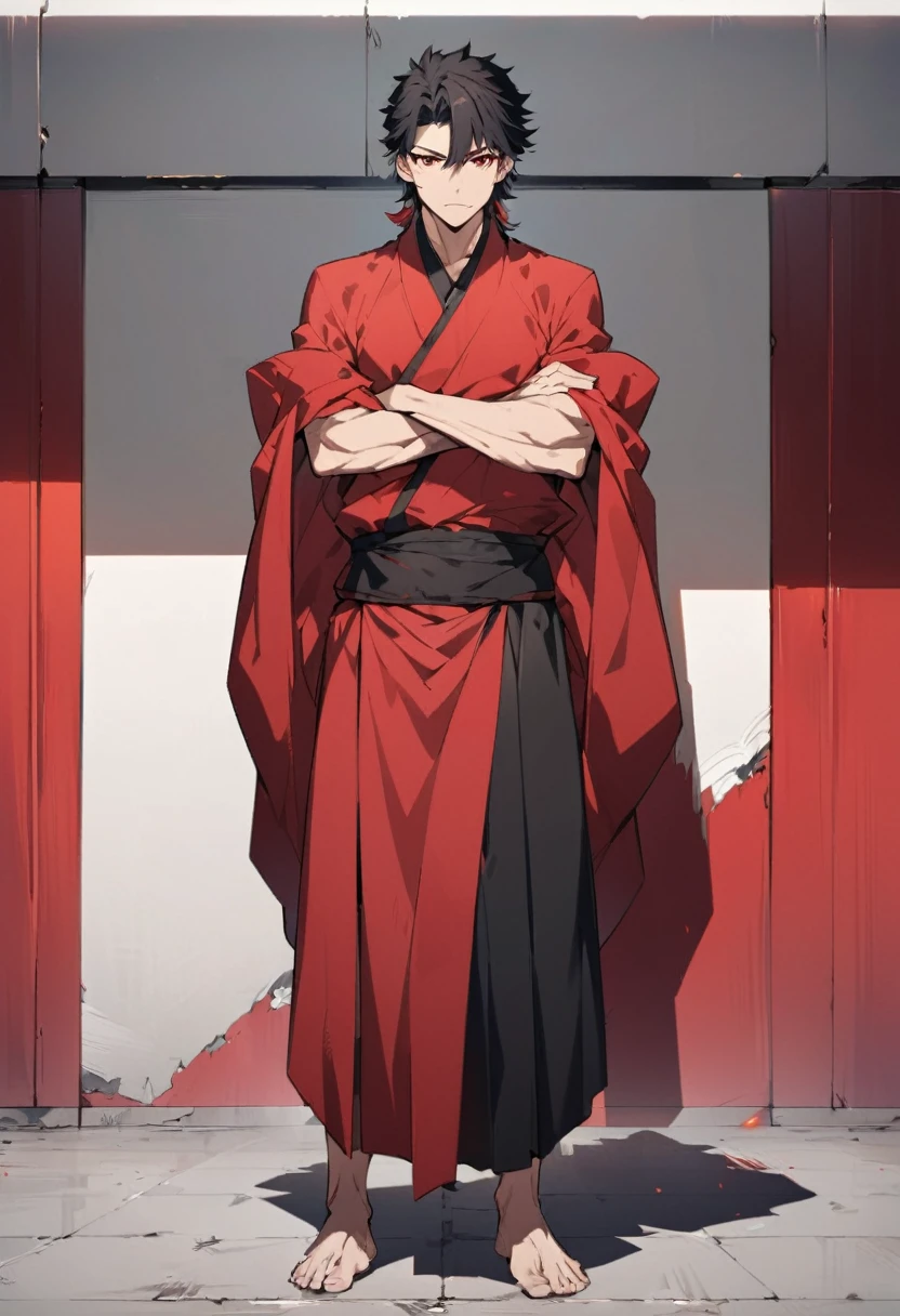 A anime man, black short hair, mullet haircut split in the middle, red eye, black and red kimono covering all the body, standing, full body, adult, slightly muscular body, blank scenery