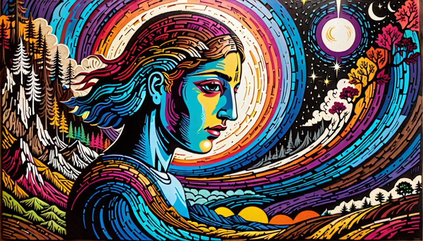 Create a surreal woodcut-style digital image with vibrant colors, Centered on a person experiencing feelings and visions of déjà vu. The image should evoke a spiritual and introspective atmosphere, with elements that highlight the connection between past and present.