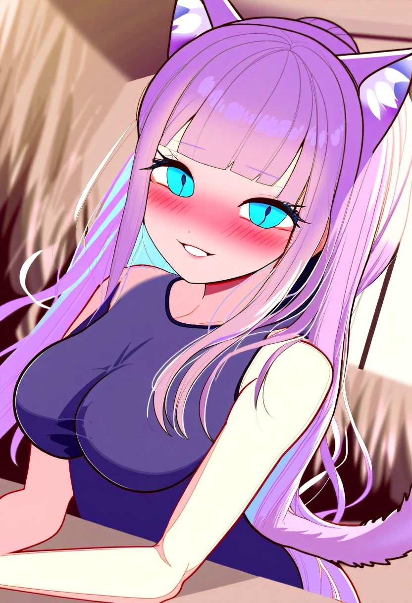 1girl, Blue eyes, Long Hair, Bangs, Purple Hair, Breasts, Smile, Blush, Light Smile, cat ears, purple cat tail