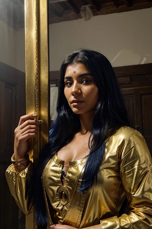giant gold and blue antique clock and beautiful traditional gypsy indian woman in traditional clothes very scary with fogs