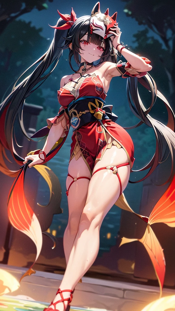 masterpiece: 1.3, best quality, super fine illustration, vibrant colors, (sharp focus), (depth of field), cinematic lighting, (dynamic angle), (cowboy shot), looking at viewer, pale skin, breasts gigantic, tight waist, slender body, smile, closed mouth, (((in the pool at night))), black twintails, (black hair: 1.3), red eyes, hair ornament, shoulderless kimono, ((scenario full body)), (full body photo), sensual pose, (((bottom view))), fox mask on head, separate sleeves, choker, obi, single glove, cross - tied sandals, bracelet, front single cross, thigh strap, shine \\\ (honkai: star rail \\\), mask, twintails, (fish), long hair, fox mask, shine \\\ (honkai: star rail \\\), mask, twintails, fish, long hair, fox mask, masterpiece, best quality, ultra-detailed, detailed scenery, cinematic effect