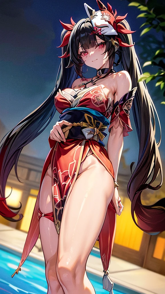 masterpiece: 1.3, best quality, super fine illustration, vibrant colors, (sharp focus), (depth of field), cinematic lighting, (dynamic angle), (cowboy shot), looking at viewer, pale skin, breasts gigantic, tight waist, slender body, smile, closed mouth, (((in the pool at night))), black twintails, (black hair: 1.3), red eyes, hair ornament, shoulderless kimono, ((scenario full body)), (full body photo), sensual pose, (((bottom view))), fox mask on head, separate sleeves, choker, obi, single glove, cross - tied sandals, bracelet, front single cross, thigh strap, shine \\\ (honkai: star rail \\\), mask, twintails, (fish), long hair, fox mask, shine \\\ (honkai: star rail \\\), mask, twintails, fish, long hair, fox mask, masterpiece, best quality, ultra-detailed, detailed scenery, cinematic effect