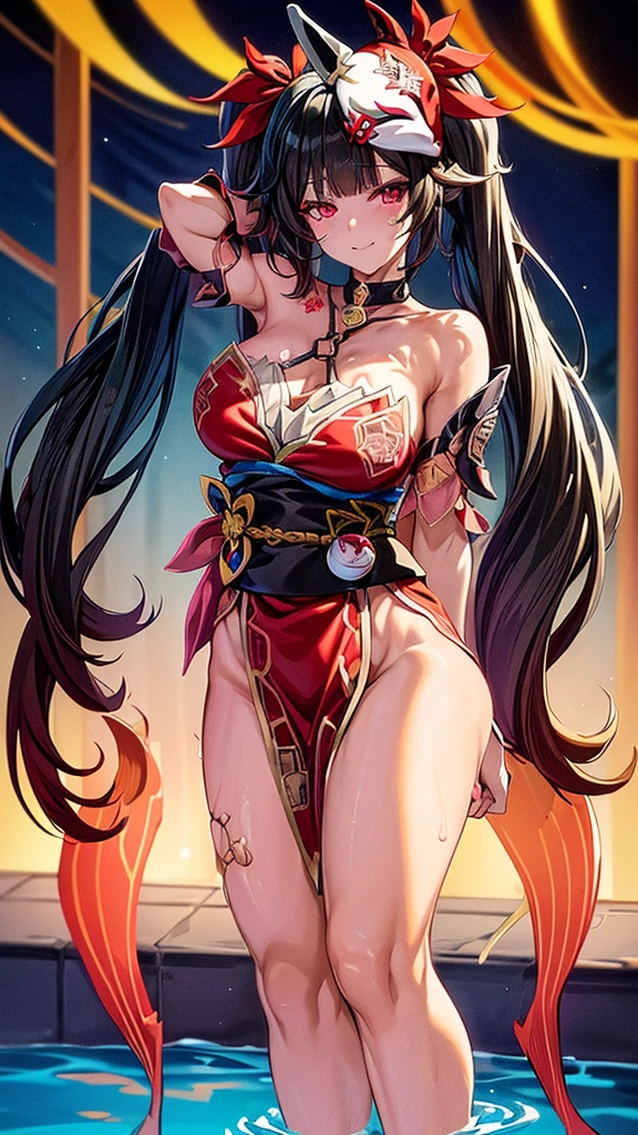 masterpiece: 1.3, best quality, super fine illustration, vibrant colors, (sharp focus), (depth of field), cinematic lighting, (dynamic angle), (cowboy shot), looking at viewer, pale skin, breasts gigantic, tight waist, slender body, smile, closed mouth, (((in the pool at night))), black twintails, (black hair: 1.3), red eyes, hair ornament, shoulderless kimono, ((scenario full body)), (full body photo), sensual pose, (((bottom view))), fox mask on head, separate sleeves, choker, obi, single glove, cross - tied sandals, bracelet, front single cross, thigh strap, shine \\\ (honkai: star rail \\\), mask, twintails, (fish), long hair, fox mask, shine \\\ (honkai: star rail \\\), mask, twintails, fish, long hair, fox mask, masterpiece, best quality, ultra-detailed, detailed scenery, cinematic effect