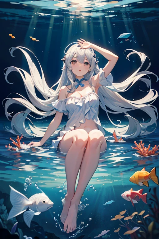 masterpiece, Highest quality, High resolution，Follow the on-screen instructions、Anime Style、Follow the on-screen instructions、One Girl、Long silver hair、Coral Reef、fish、Drop position、Falling、Look up, bend your knees, and reach your arms out toward the water.、Staring at the surface of the water、Deep Sea、Angle is horizontal