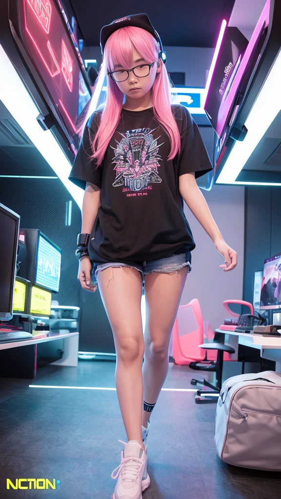 Appearance:Hair: Style rambut yang modern, can be long or short, with striking or natural colors.Accessory: Big gaming headset, glasses, maybe also a hat or beanie.Clothes: T-shirts or hoodies with game logos or futuristic designs, jeans or joggers, and sneakers.Additional Details: Small backpack, wrist with a bracelet or smart watch.personality:Facial expressions: A face that shows enthusiasm, Focus, or joy.Body posture: Active and dynamic posture, perhaps holding a controller or keyboard.interest:Environment: A room full of gaming equipment such as dual monitors, gaming chair, and various game posters on the walls.Action: Can be depicted playing games in front of a computer or console, or are interacting with online communities.Ability:Skill: Depicts the character playing the game skillfully or perhaps being in a winning position.Style:Color: Use neon or contrasting colors to give a futuristic and modern impression.Additional Elements: Game symbols, neon light, or digital effects.