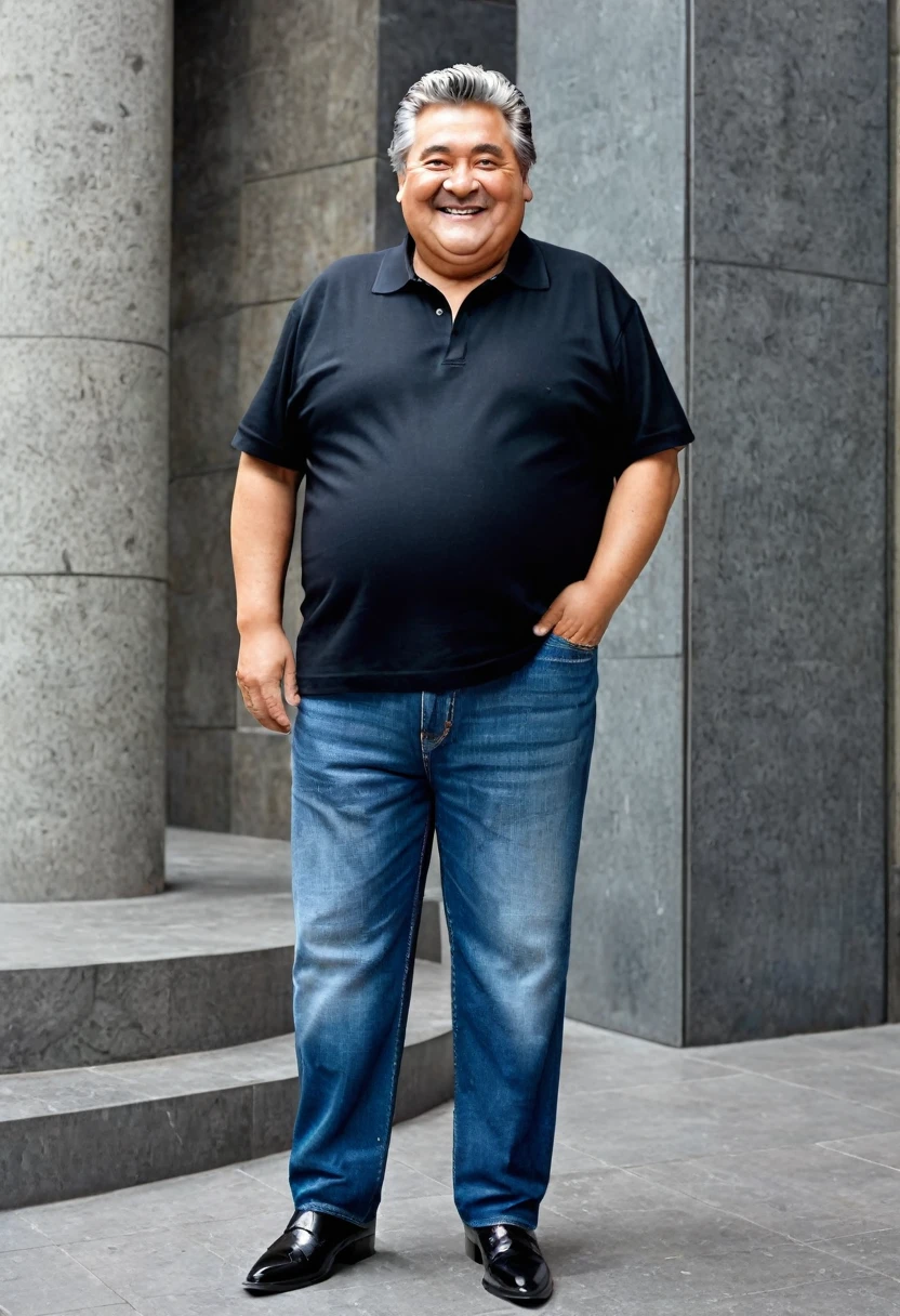 Make a man of 1.64 cm tall 60 years old medium chubby, cheekbone with thin back hairstyle , with a mole on the left cheek of light brown skin, with a white polo , dark denim pants, with black high heels , with hair on the arms , smiling , and in his left hand he has a box with sweets and cigarettes , walking through the monument to fine arts of cdmx , he is a short man , Mexican , remember 1.64 cm tall, he is 60 years old but he looks young without gray hair