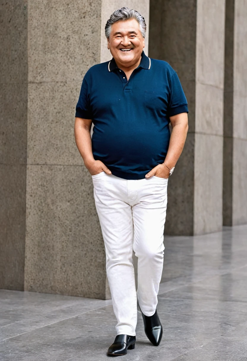 Make a man of 1.?? cm tall 60 years old medium chubby, cheekbone with thin back hairstyle , with a mole on the left cheek of light brown skin, with a white polo , dark denim pants, with black high heels , with hair on the arms , smiling , and in his left hand he has a box with sweets and cigarettes , walking through the monument to fine arts of cdmx , he is a short man , Mexican , remember 1.?? cm tall, he is 60 years old but he looks young without gray hair