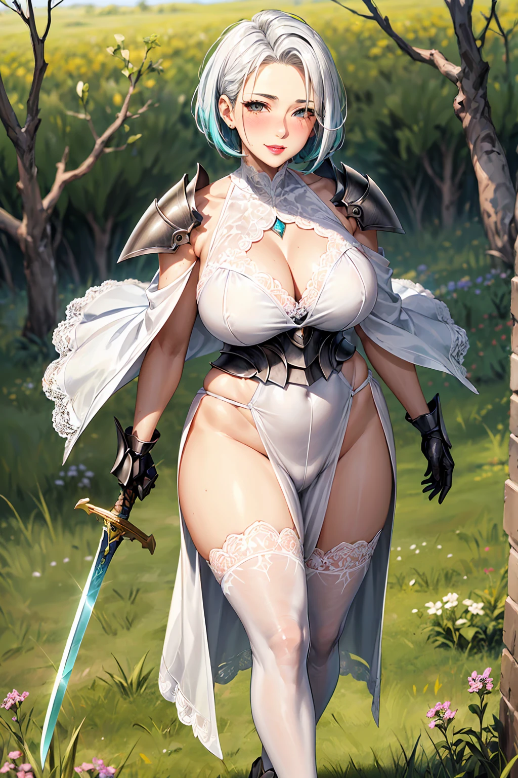 sfw, 1girl, (pixie_cut_hairstyle:1.3), white_hair, Meadow_theme, (Walking:1.2), (meadow_bacground), (lace_skimpy_white_robe:1.3), teal_eyes, (curvy:1.2), mature_face, calm_face, slight_smile, symetrical_eyes, symetrical_face, (silver_armor_on_arms), knees, (over_the_shoulder_look), gloves, Milf, mature female, blush, lips, armored_neck, forehead, sword_in_hand