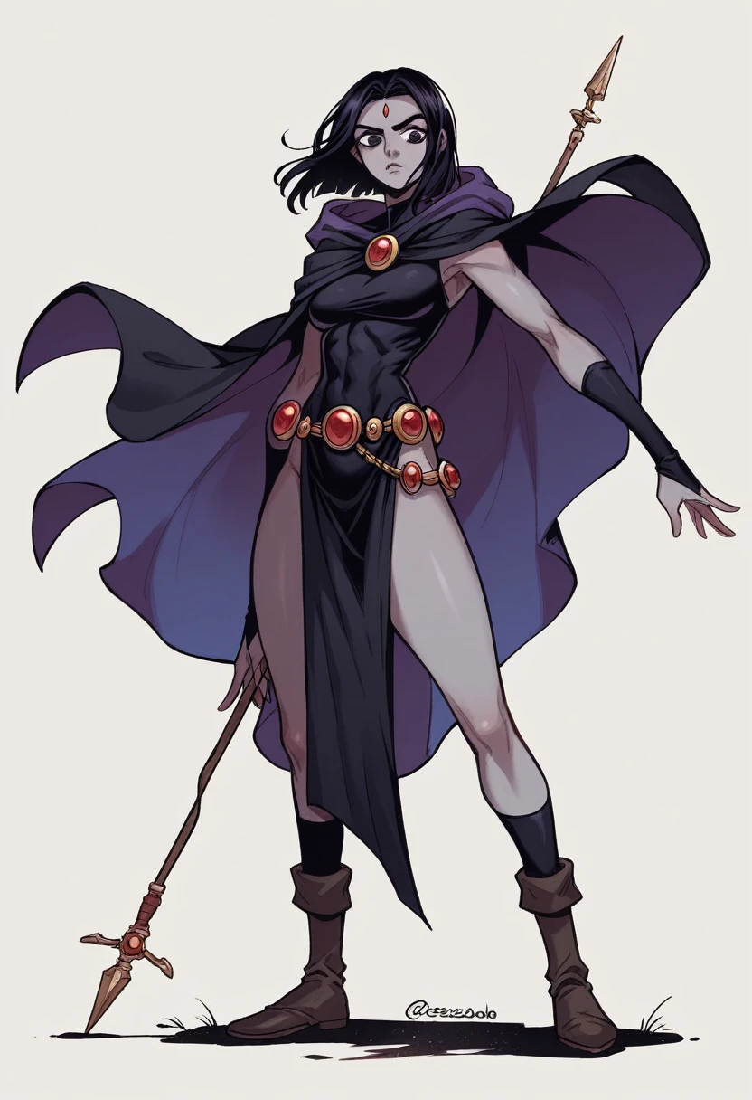 1 adult girl, Raven, black skin black leotard, black cloack, hooded cloak, knee-length Greek skirt, booties, long flowing hair, wavy black hair, forehead jeauel, purples eyes, medieval belt, firm skin, standing, toned, breastsout, battle pose, (posando)), Lines of movement, portraite, b&au. Contour, whole body, holding a spear