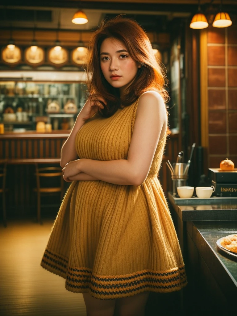 full body shot, Best quality, a 20y (chubby:1.3) kazak women, wearing (bohemian woolen dress:1.3), big breast, (sexy:1.2) (redhead:1.2) hair blowing in the wind, moody atmosphere, sunlight exposure, beautiful shadow, intricate posing in the (hongkong cafe:1.4), kodacrhome, cinematic, natural, perfect direct of photography, realistic face and eyes, realistic skin, ultra highly detailed, sharp focus, beautiful film bokeh, surreal view, (candid style:1.2), shot by zenit camera with 35mm lens, Portrait by annie leibovitz