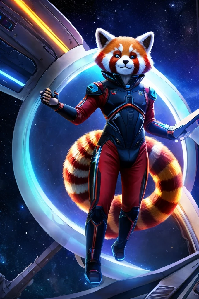 red panda, astronaute, ultra realistic, male, futuristic clothing, 2050, sabre laser a la main, black top, eyes open, starry background with ships