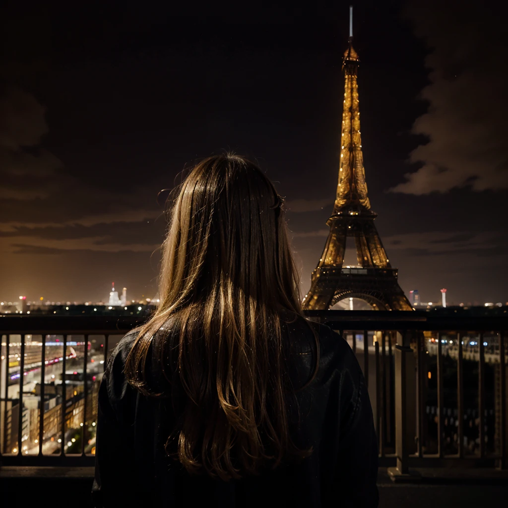 Nighttime photograph featuring the Eiffel Tower illuminated in golden lights against a dark sky. The layout is vertical, with the Eiffel Tower centered in the background. In the foreground, there is a person with long, wavy blonde hair, wearing a black outfit, facing away from the camera and looking towards the tower. The person's facial features are not visible. The overall scene captures a serene and picturesque moment in Paris.