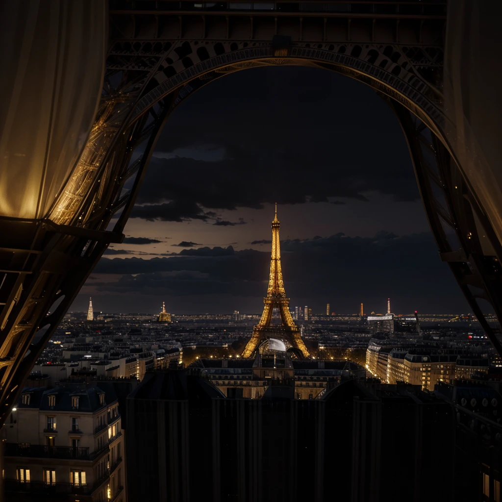 Nighttime photograph featuring the Eiffel Tower illuminated in golden lights against a dark sky. The layout is vertical, with the Eiffel Tower centered in the background. In the foreground, there is a person with long, wavy blonde hair, wearing a black outfit, facing away from the camera and looking towards the tower. The person's facial features are not visible. The overall scene captures a serene and picturesque moment in Paris.