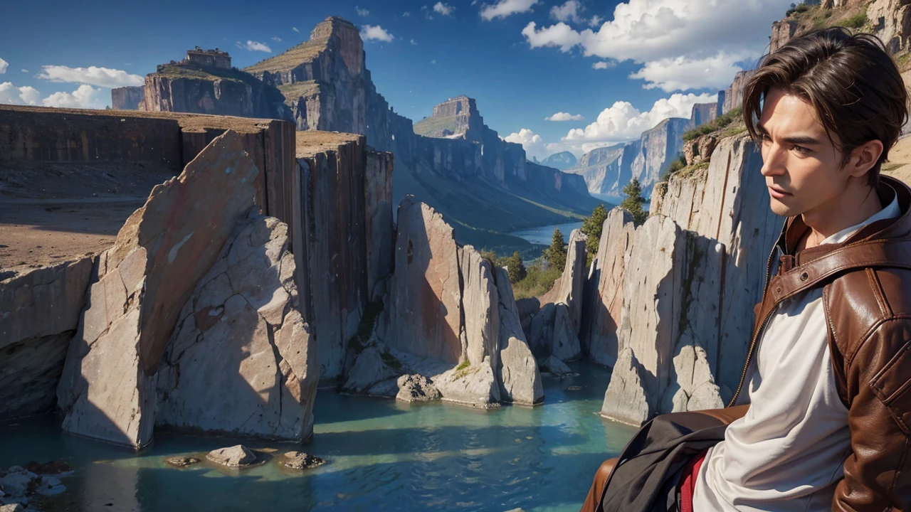 male, Brown Hair, short, 45 years old in a beautiful landscape, Realistic shapes