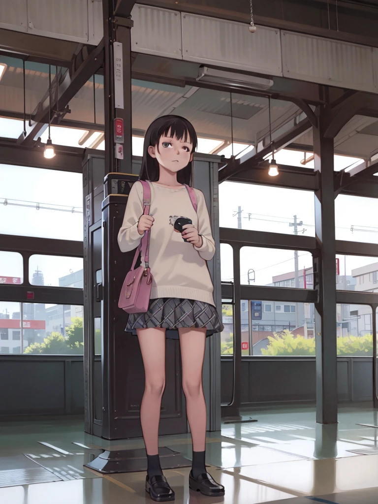 masutepiece, Best Quality, High resolution, Extremely detailed, Detailed background, Cinematic lighting, 1girl in, Looking at Viewer, Wear a plaid shirt, microminiskirt, Pleated skirt, standing, Full body,  Sunlight, Waiting train, train station, Stand on the platform , City Girl