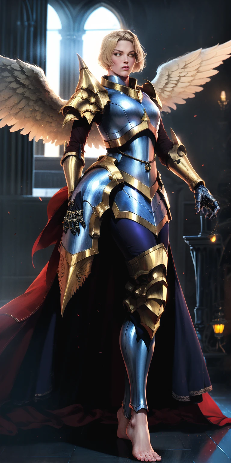 low angle, from below, paladin templar lady in white tabard, legwear, glowing yellow eyes, collar, golden chainmail, wide hips, barefoot, angel wings, pauldrons, halo, bob cut, blonde, eye focus, red cape, temple indoors, decorations, stained glass windows, night, particles, chromatic aberration, detailed, cinematic, dark scene, fantasy
