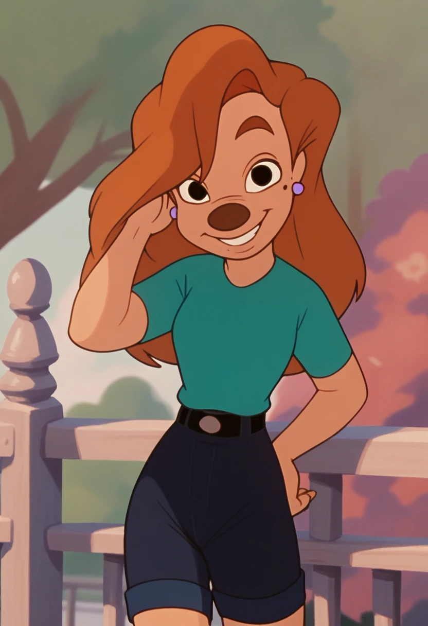 roxanne, 1girl, brown hair, long hair, solo, earrings, black eyes, green shirt, short sleeves, smile, furry female, shorts, belt,, score_9, score_8_up, score_7_up, score_6_up, score_5_up, score_4_up, looking at viewer, hand on own hip, cowboy shot,hand in own hair, outdoors,