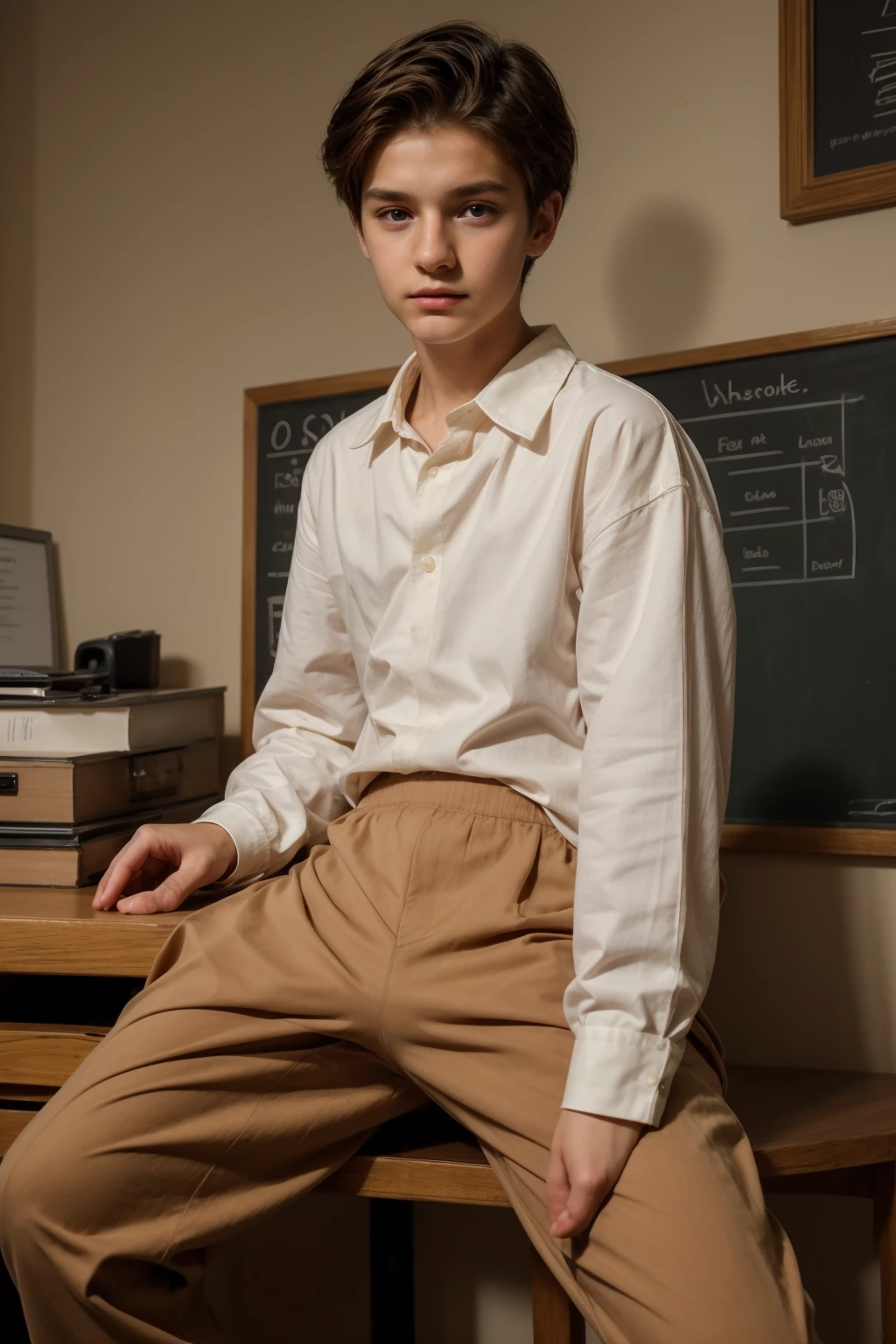 A young male  twinks, , with a cute angel face, with makeup and black hair, wearing a luxurious, long-sleeved, white shirt and brown medieval pants. Behind him is a blackboard with the nerve cells of the brain written on it, and he looks proudly as he sits at a desk with medical tools on it, and he has a face.  Innocent