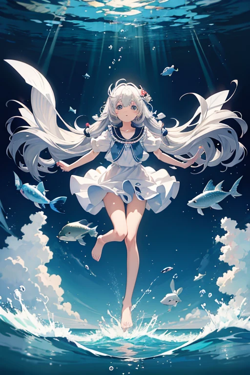 masterpiece, Highest quality, High resolution，Follow the on-screen instructions、Anime Style、Follow the on-screen instructions、One Girl、Long silver hair、Coral Reef、fish、Drop position、Falling、Look up, bend your knees, and reach your arms out toward the water.、Staring at the surface of the water、Deep Sea、Angle is horizontal