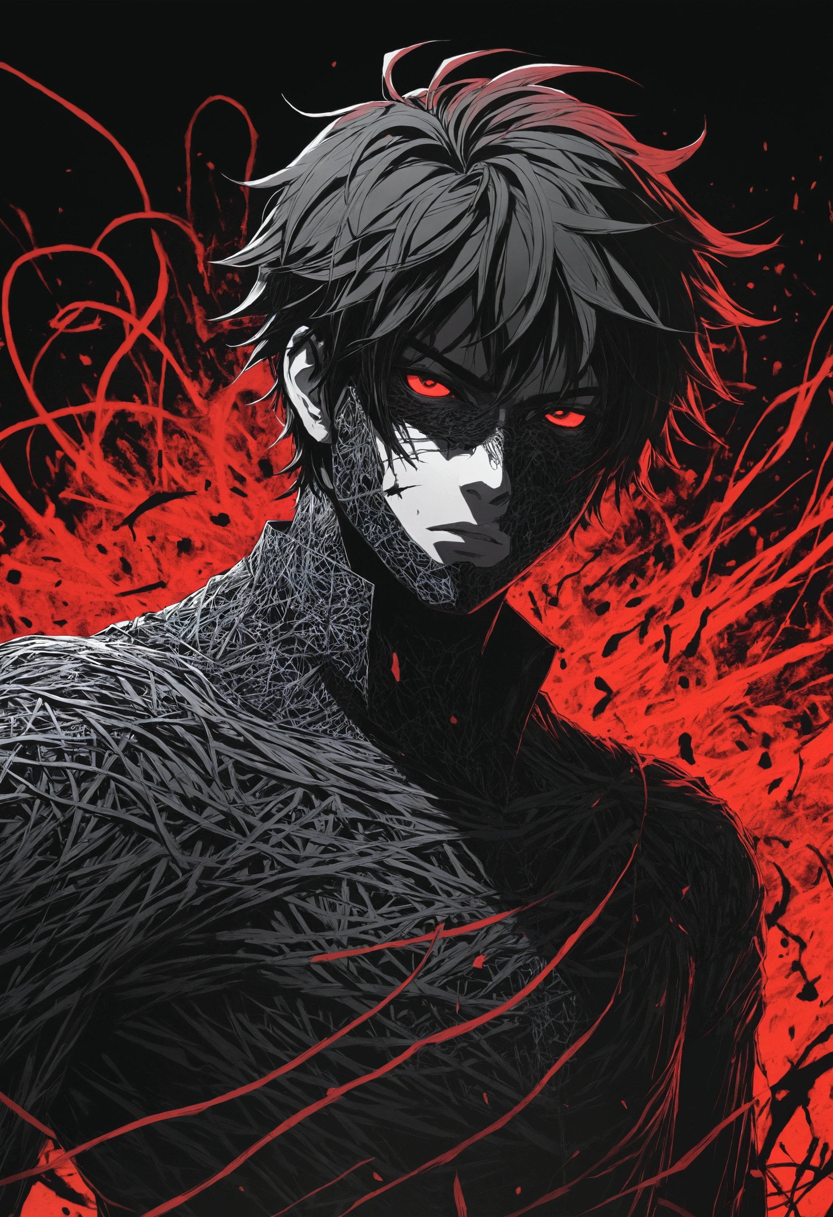 a male character, uncanny, with the entire stage covered in black scribbles, and your eyes scribbled with the color red, and a terrifying background behind it, the shadows trying to get close to him, anime style for phonk music thumbnail