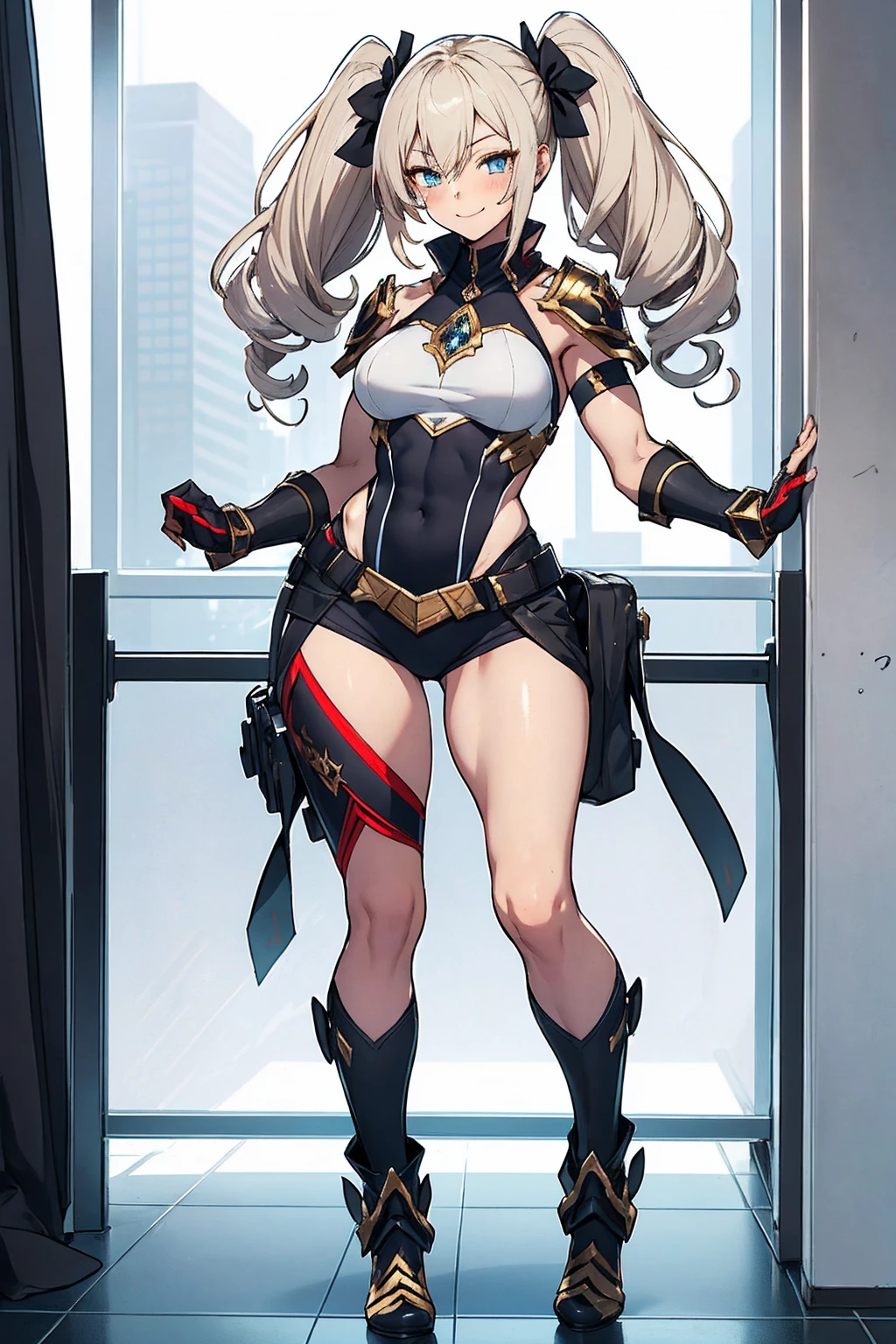 ((full body photo, standing, feet on the ground)), whole body, red breastplate, Redskin, looking at the viewer, bright,armor, Thighs, waders,shoulder armor, failures, Poland, gloves, gauntlets, Rerebrace armored boots, shoulder pads,(Masterpiece, Best Quality, ultra detailed, best shadow) yordle (1 girl)( Redskin:1.2) pointy ears muscular lean platinum blonde long twin-tails hairstyle at the office lustful smirking smile face red blushed, blush, strong abs, female bodybuilder, tiara, double hair drills