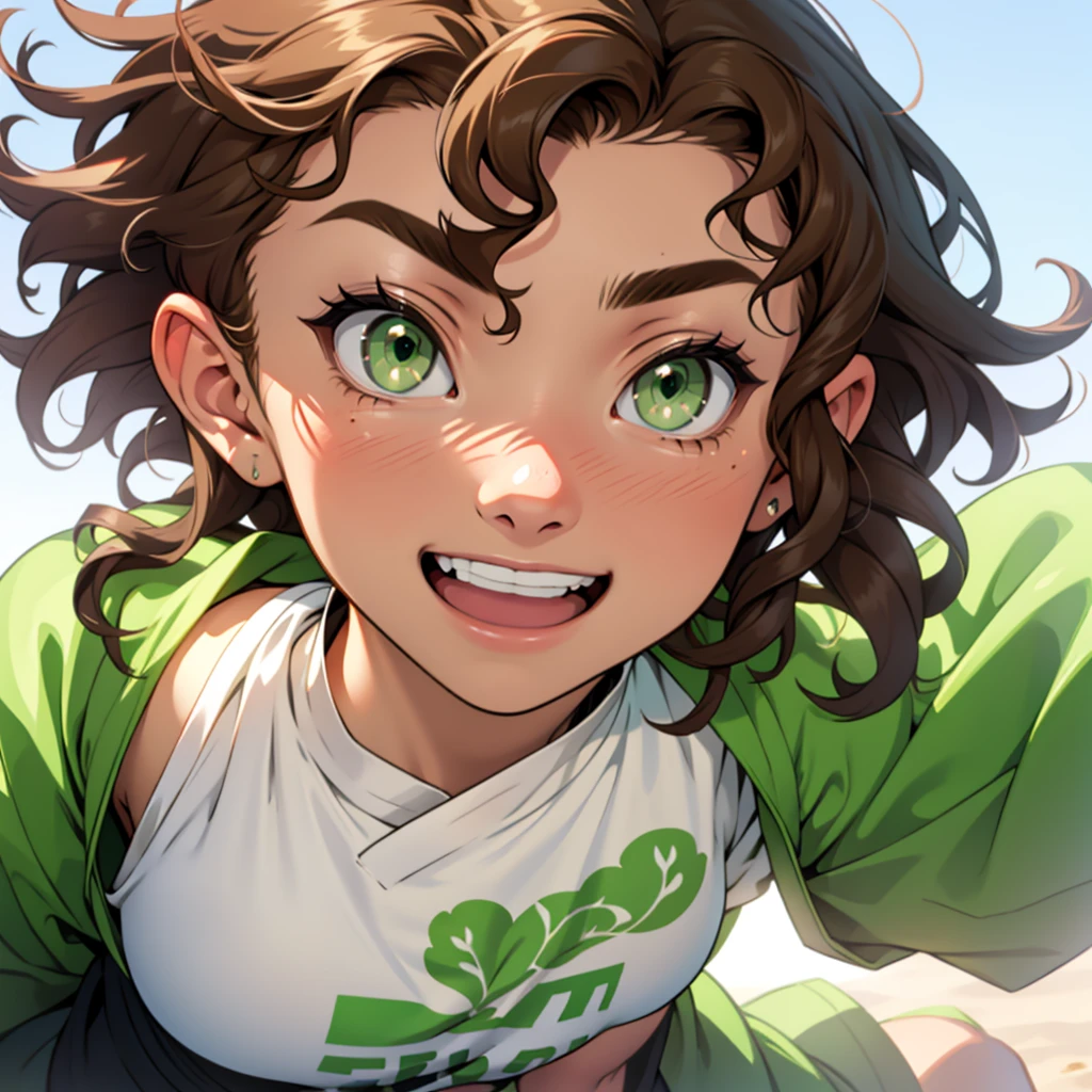 1 girl,brown hair, green eyes, curly hair, white skin,(((fit body))),,(happy expression), cute clothes (close up)