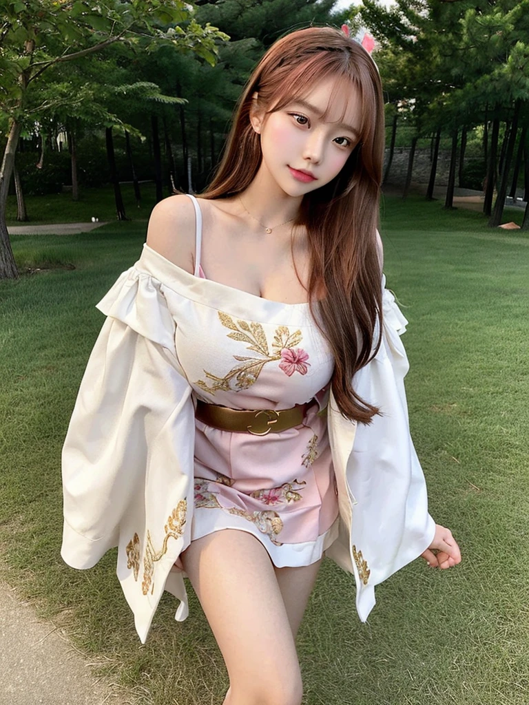 girl 1. **hair**:
   - Color: pink.
   - Length: shoulder length.
   - Form: hairstyle with straight hair, slightly wavy at the ends, with short straight bangs.

2. **Head and face**:
   - Oval shaped face.
   - Eyes are big, with purple irises.
   - Facial expression is calm and confident.

3. **cloth**:
   - Main part: white dress with high collar.
   - Details: the dress is decorated with red and gold elements, with flower patterns.
   - Sleeves: wide, long, with red trim and white patterns.
   - Belt: decorated with gold and purple elements.
   - The bottom of the dress is divided into two parts at the front, revealing red shorts.

4. **accessories**:
   - Gold jewelry on the head, like horns or wings.
   - Drop earrings with gold and red elements.
   - On foot: Platform sandals, with white straps and gold jewelry.

5. **General style**:
   - cloth и аксессуары имеют традиционный восточный стиль, Maybe, with elements of Japanese culture.

The girl looks elegant and sophisticated, with a distinctly aristocratic style.